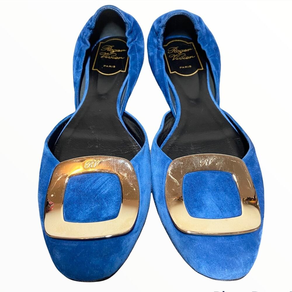 ROGER VIVIER Suede Ballerine Chips Strass D'orsay Flat Mirrored Buckle Blue 7.5